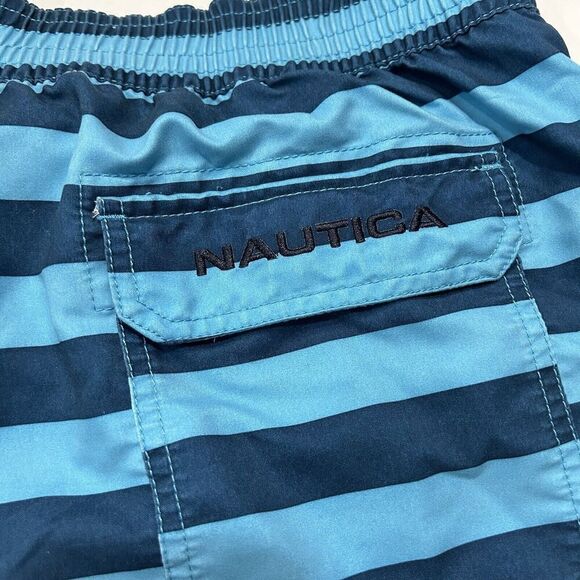 NAUTICA Men’s Swim Suit Trunk LARGE Blue Stripe Sail Logo On Leg - Picture 3 of 7